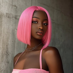 Pink 13 x 4 Front Lace Free Part Human Hair Straight Bob Wig