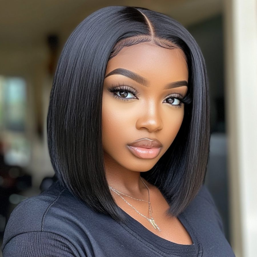14 Inch Black 13x4 HD Swiss Front Lace Straight Human Hair Bob Wig