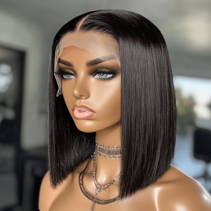 14 Inch Black 13x4 HD Swiss Front Lace Straight Human Hair Bob Wig