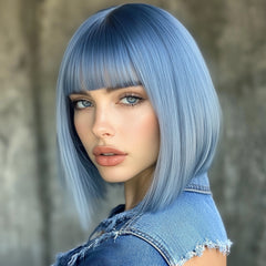 Gray Blue Short Straight Blunt Cut Bob Wig with Full Fringe